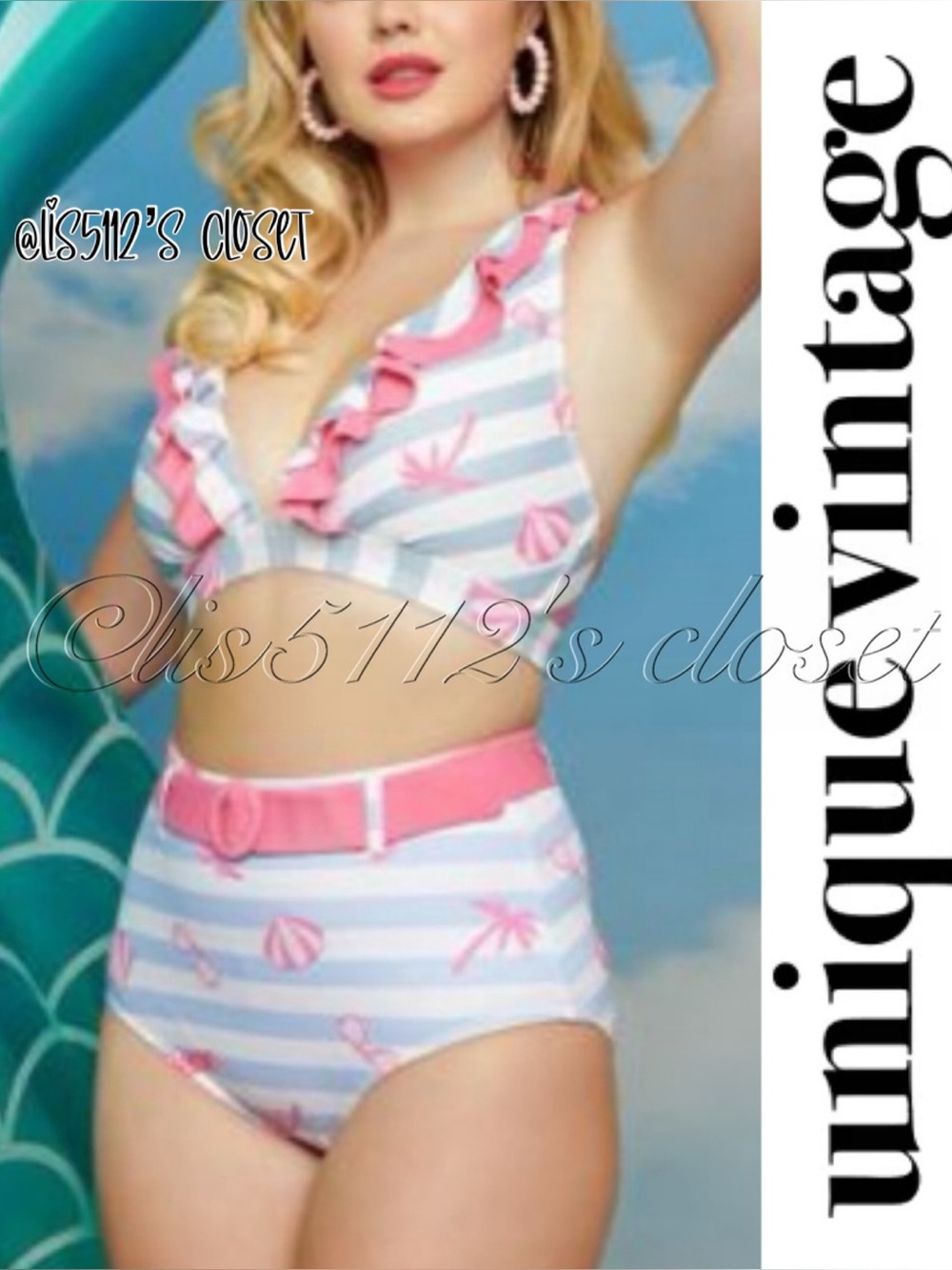 Unique Vintage x Barbie Malibu Beach Print Ruffle Bikini Swimsuit SET Medium / M